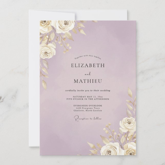 Invitación Boda con Hoja de Oro Lila (Anverso)