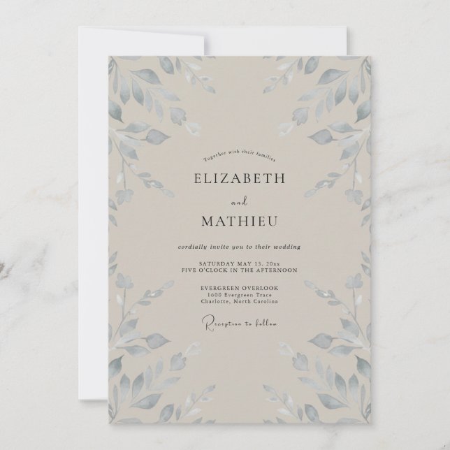 Invitación Boda con Hoja de Taupe Plateado (Anverso)