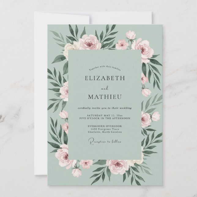 Invitación Boda con Hoja de Toque Rosado Espuma de Mar (Anverso)
