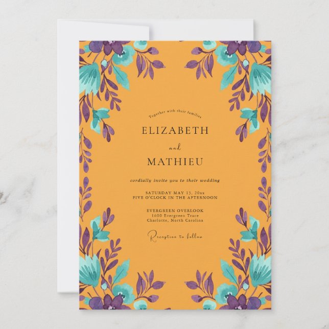 Invitación Boda con hoja de violeta ámbar (Anverso)