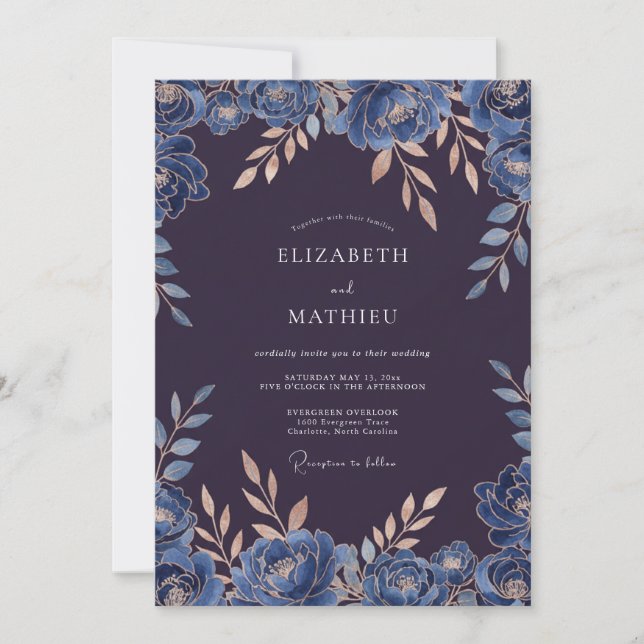 Invitación Boda con Hoja de Zafiro y Ciruela (Anverso)