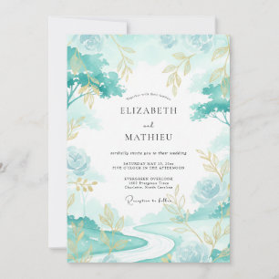 Invitación Boda con hoja dorada Aqua