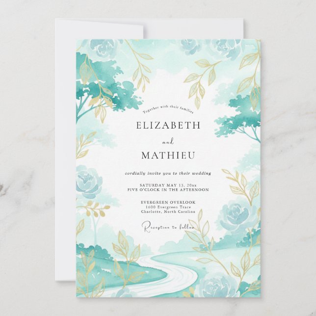 Invitación Boda con hoja dorada Aqua (Anverso)