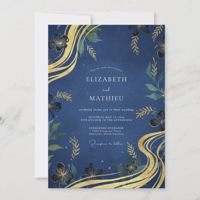 Invitación Boda con Hoja Dorada Índigo (Anverso)