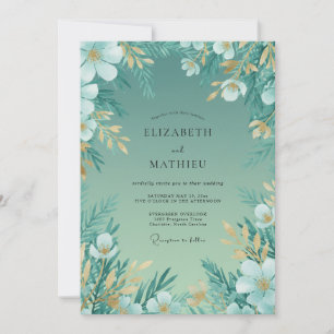 Invitación Boda con hoja dorada y azul verde