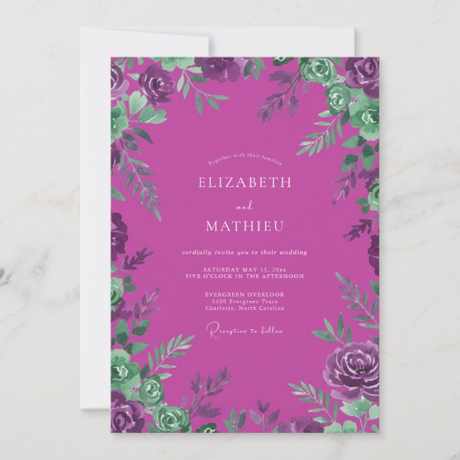 Invitación Boda con hoja pintada de magenta pradera (Anverso)