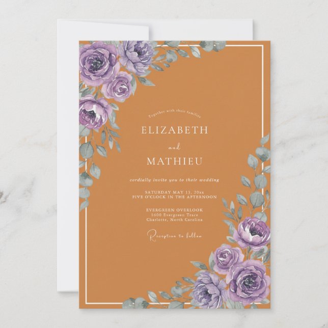 Invitación Boda con Hoja Púrpura Ámbar (Anverso)