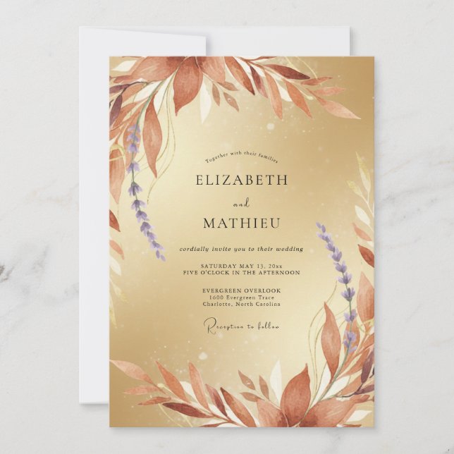 Invitación Boda con Hoja Seca de Terracota Dorada (Anverso)