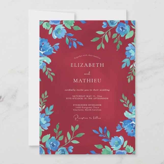 Invitación Boda con Hoja Verde Azul Rubí (Anverso)
