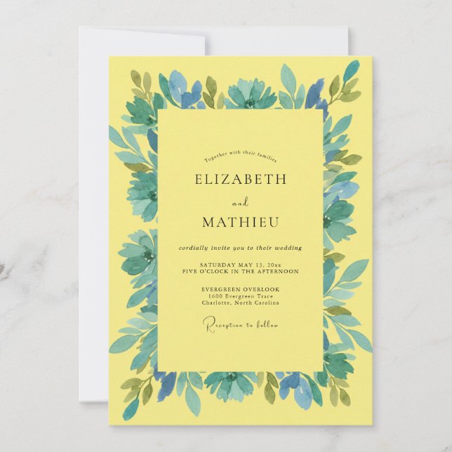 Invitación Boda con hojas acuáticas amarillas (Anverso)