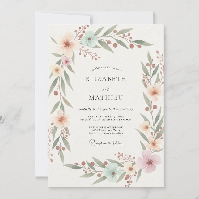 Invitación Boda con hojas acuáticas de melocotón (Anverso)