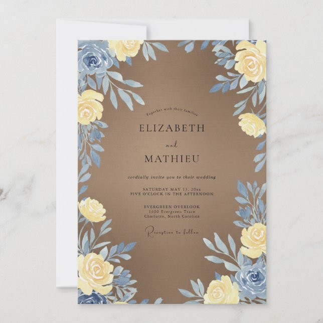 Invitación Boda con hojas amarillas beiges (Anverso)