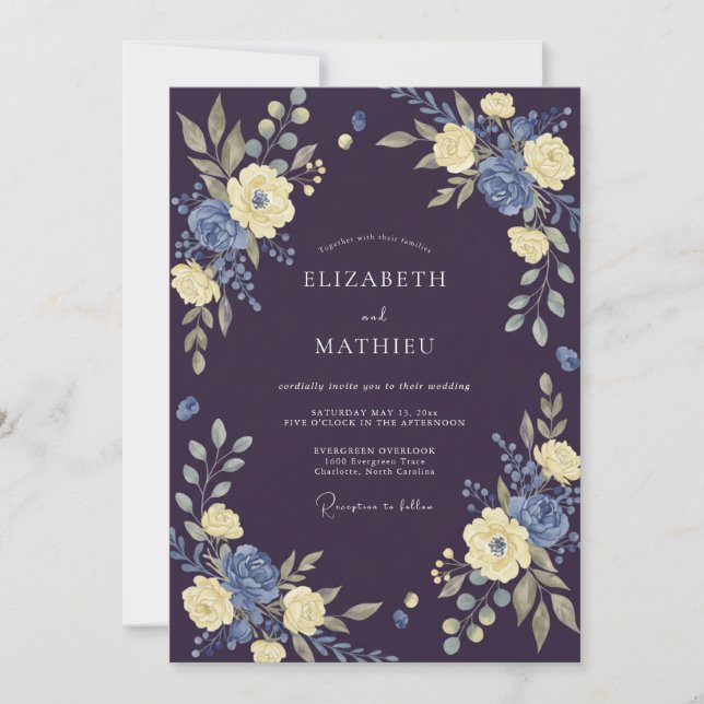 Invitación Boda con Hojas Amarillas de Ciruela Profunda (Anverso)