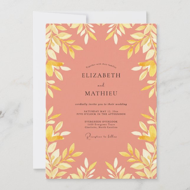 Invitación Boda con Hojas Amarillas de Coral (Anverso)