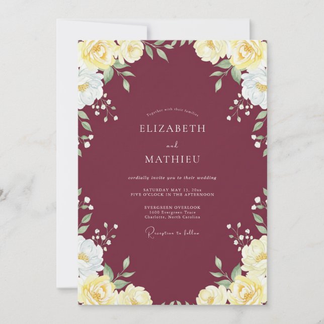 Invitación Boda con Hojas Amarillas Granate (Anverso)