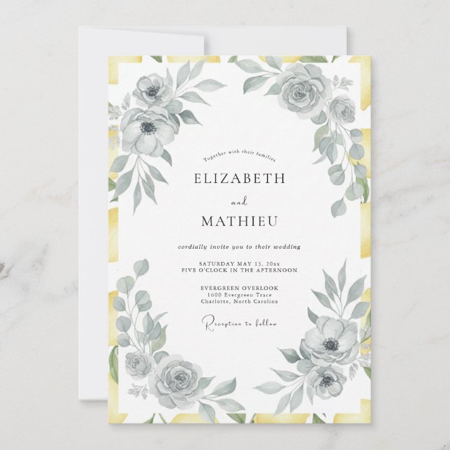 Invitación Boda con hojas amarillas plateadas (Anverso)