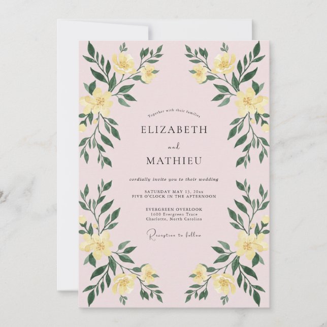 Invitación Boda con Hojas Amarillas Rosadas (Anverso)