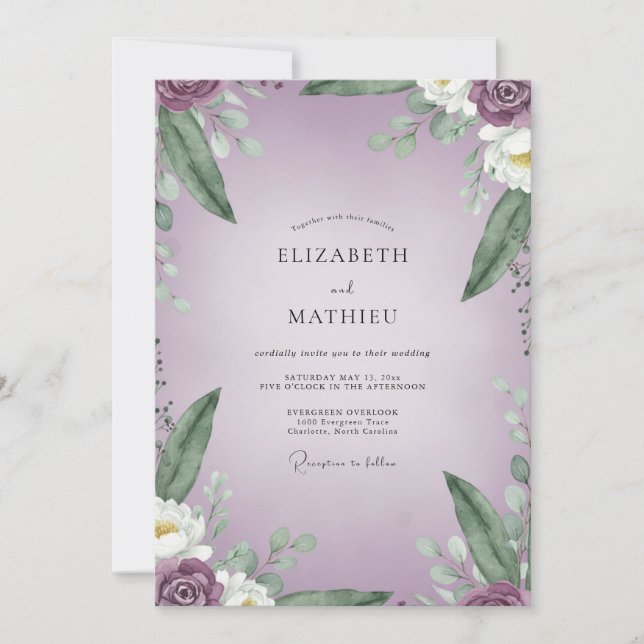 Invitación Boda con Hojas Blancas de Lila Perla (Anverso)