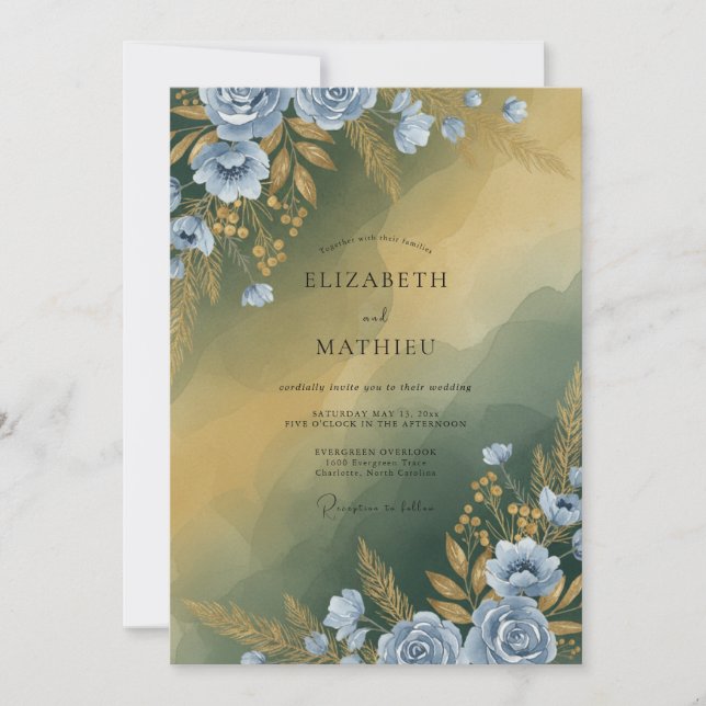 Invitación Boda con hojas de acero mostaza (Anverso)