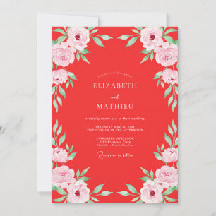 Invitación Boda con hojas de acuarela carmesí