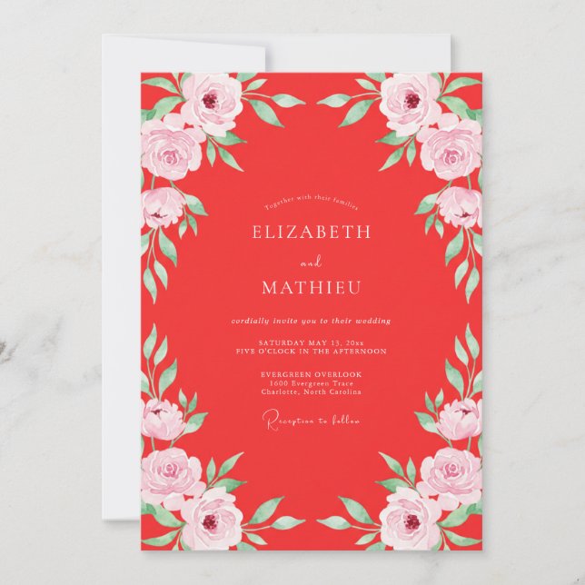 Invitación Boda con hojas de acuarela carmesí (Anverso)
