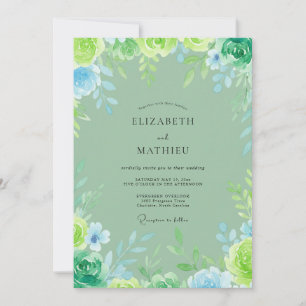 Invitación Boda con hojas de acuarela turquesa pintada a mano