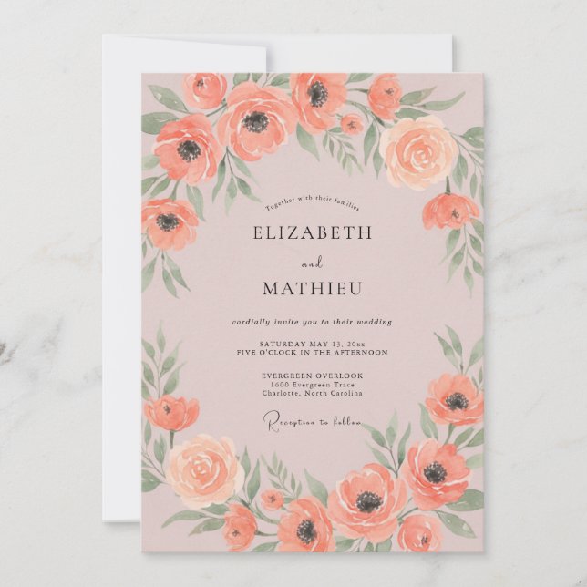 Invitación Boda con hojas de amapola de coral (Anverso)