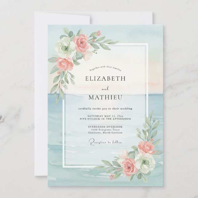 Invitación Boda con Hojas de Aqua Blush (Anverso)