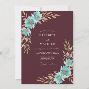 Invitación Boda con Hojas de Aqua Granate