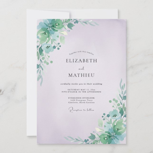 Invitación Boda con hojas de aqua y pervinca (Anverso)