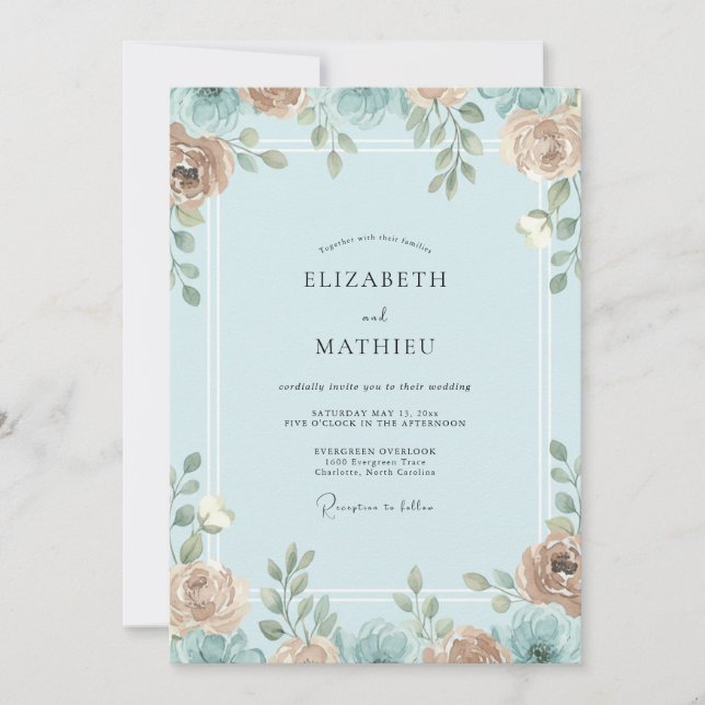 Invitación Boda con Hojas de Azul Apricot (Anverso)