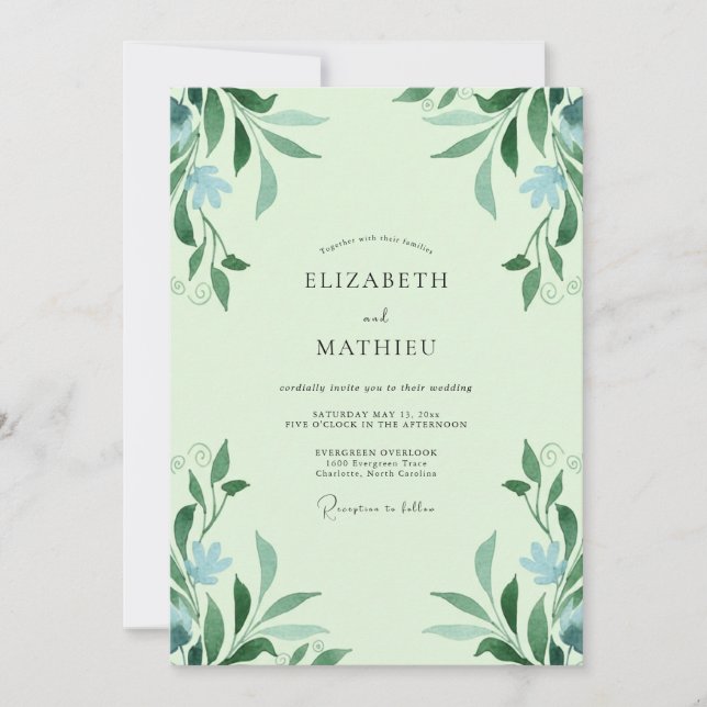 Invitación Boda con Hojas de Azul Espuma de Mar (Anverso)
