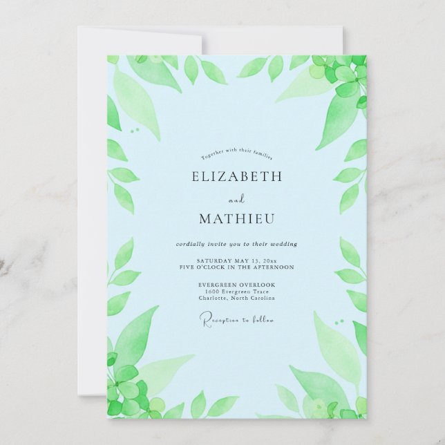 Invitación Boda con hojas de azul pálido (Anverso)