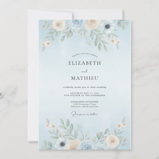 Invitación Boda con Hojas de Azul Polvo (Anverso)