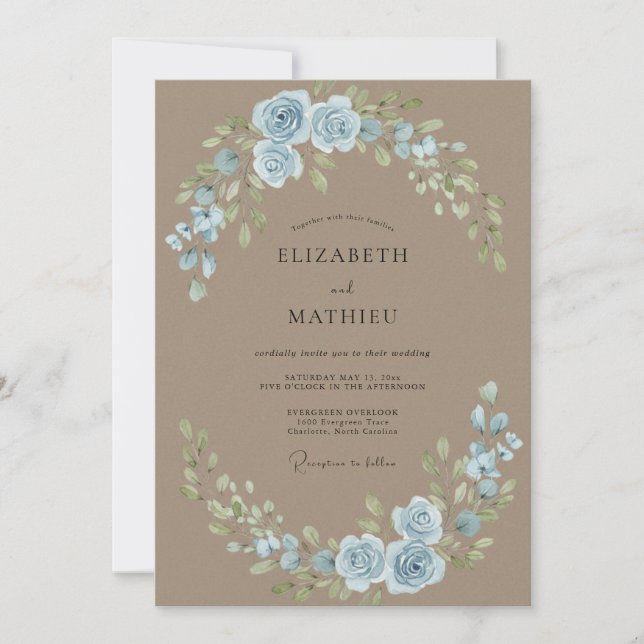Invitación Boda con Hojas de Azul Polvo Taupe (Anverso)