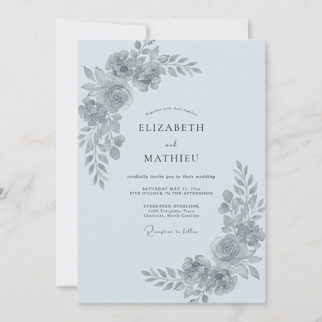 Invitación Boda con hojas de azul suave (Anverso)