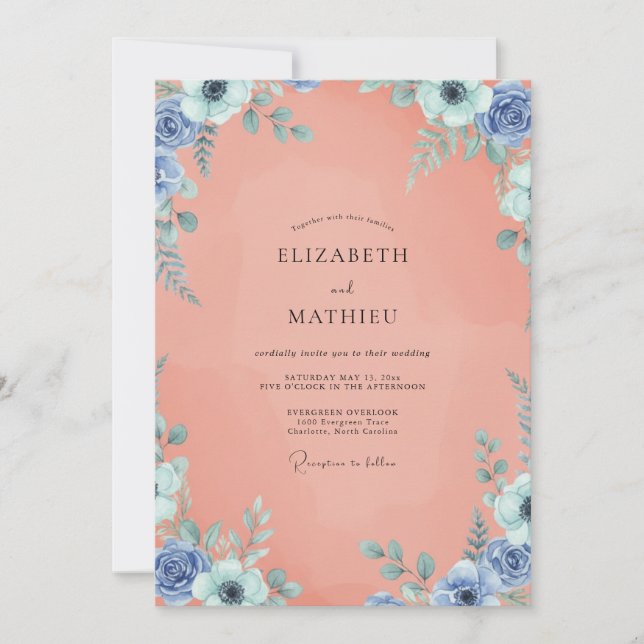 Invitación Boda con Hojas de Azure Melocotón (Anverso)