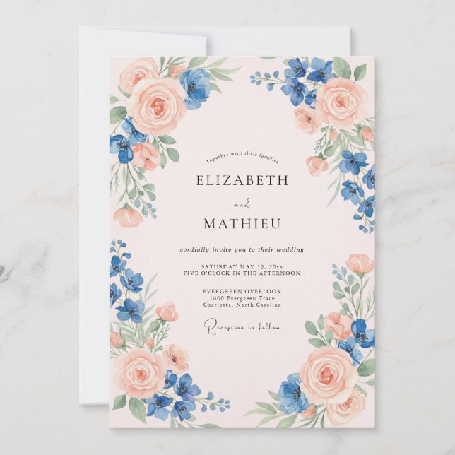 Invitación Boda con Hojas de Azure y Melocotón Rosado (Anverso)