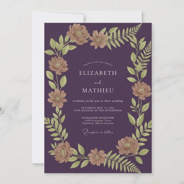 Invitación Boda con Hojas de Beige Berenjena (Anverso)