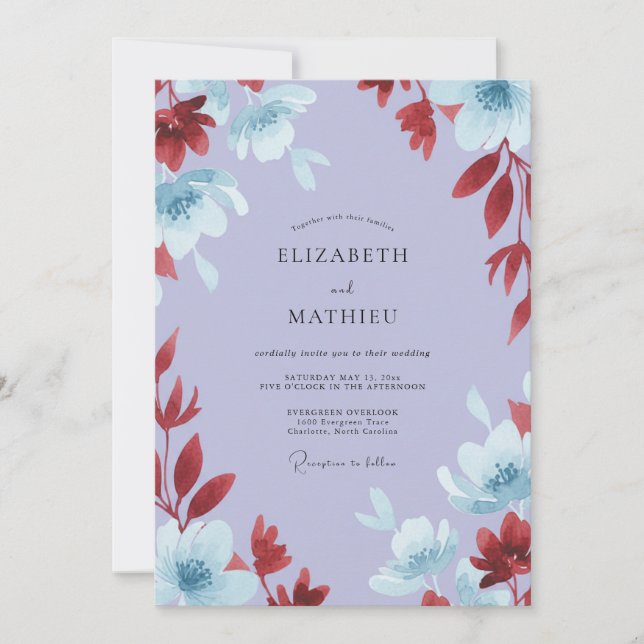 Invitación Boda con Hojas de Borgoña Lila (Anverso)