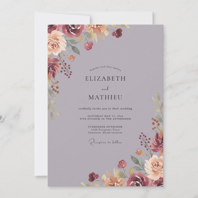 Invitación Boda con Hojas de Borgoña Malva (Anverso)