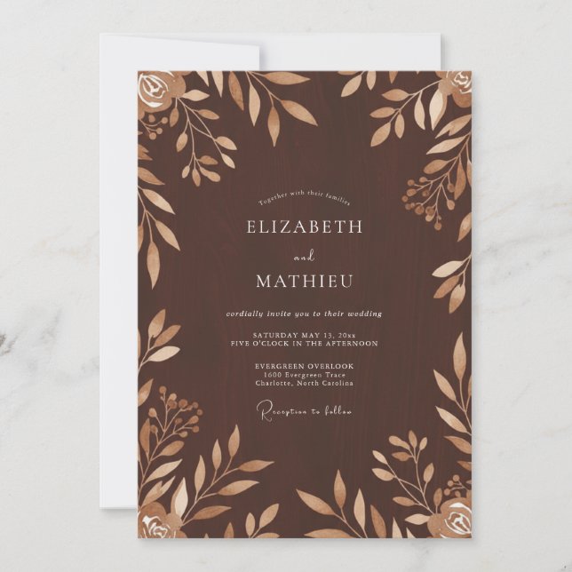 Invitación Boda con Hojas de Bronce Chocolate (Anverso)