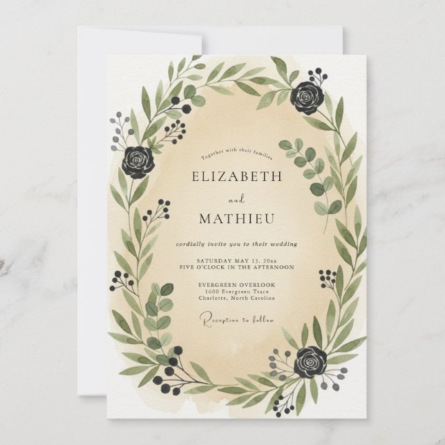 Invitación Boda con Hojas de Carbón y Champán (Anverso)