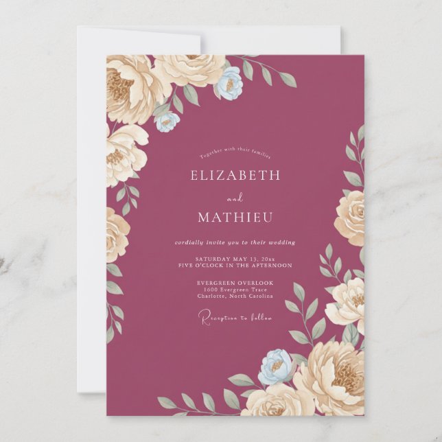 Invitación Boda con Hojas de Champagne de Ciruela (Anverso)