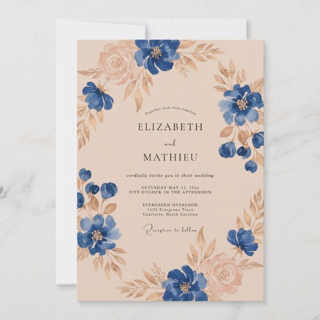 Invitación Boda con Hojas de Champán Cobalto (Anverso)
