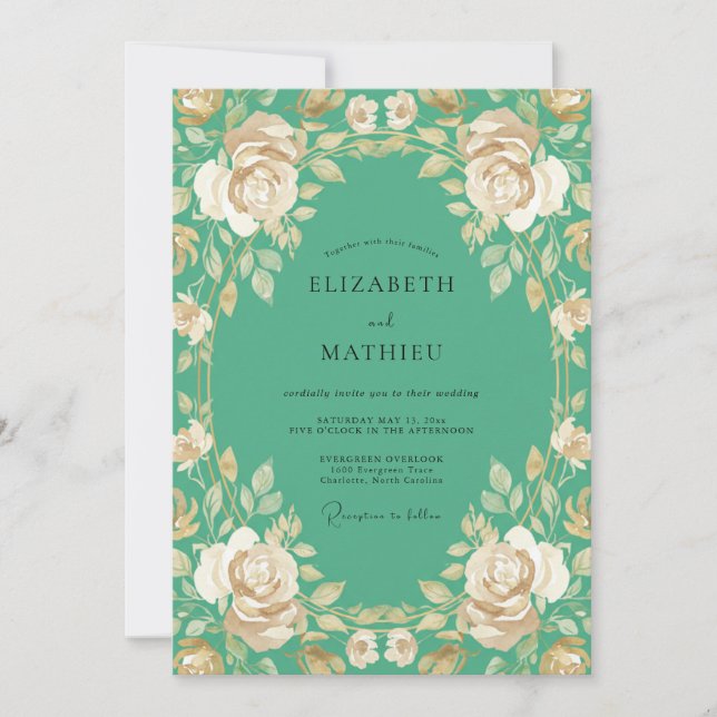 Invitación Boda con hojas de champán verde azulado (Anverso)