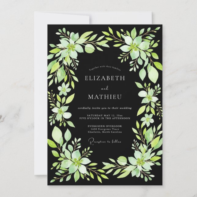 Invitación Boda con Hojas de Chartreuse Negro (Anverso)