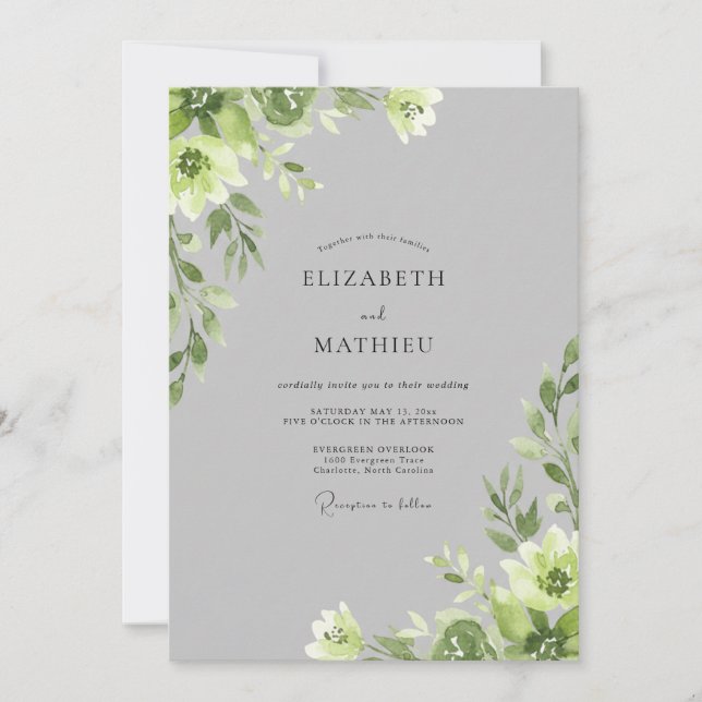 Invitación Boda con Hojas de Chartreuse Plateado (Anverso)