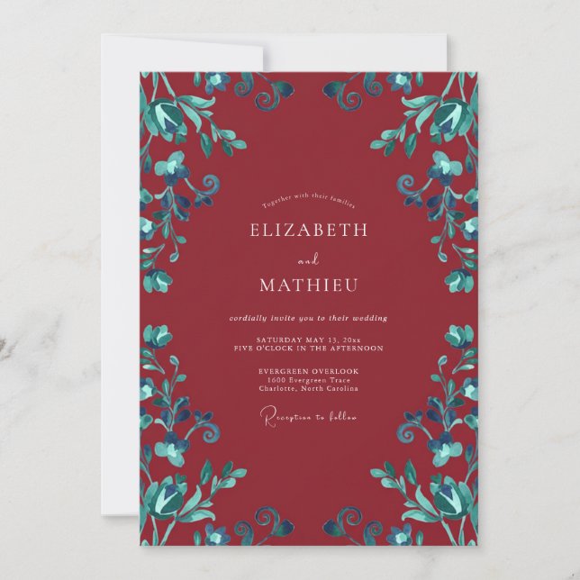Invitación Boda con hojas de ciano granate (Anverso)