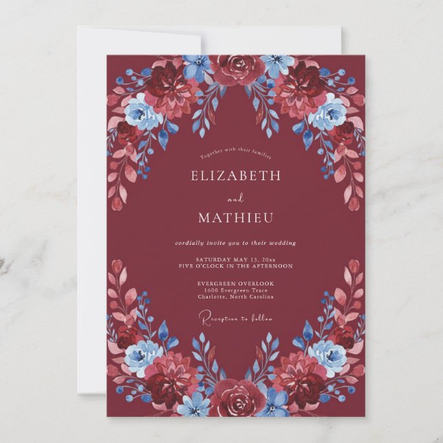 Invitación Boda con Hojas de Cielo Azul y Granate (Anverso)